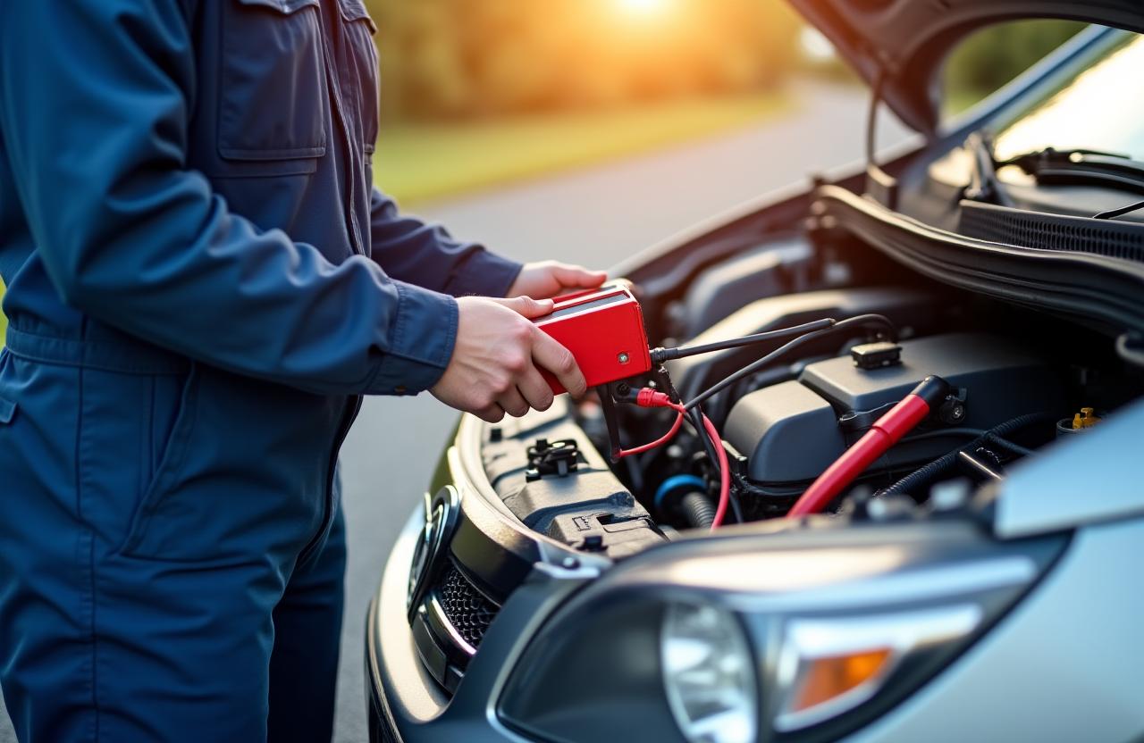 Techniker leistet Starthilfe bei einem Auto