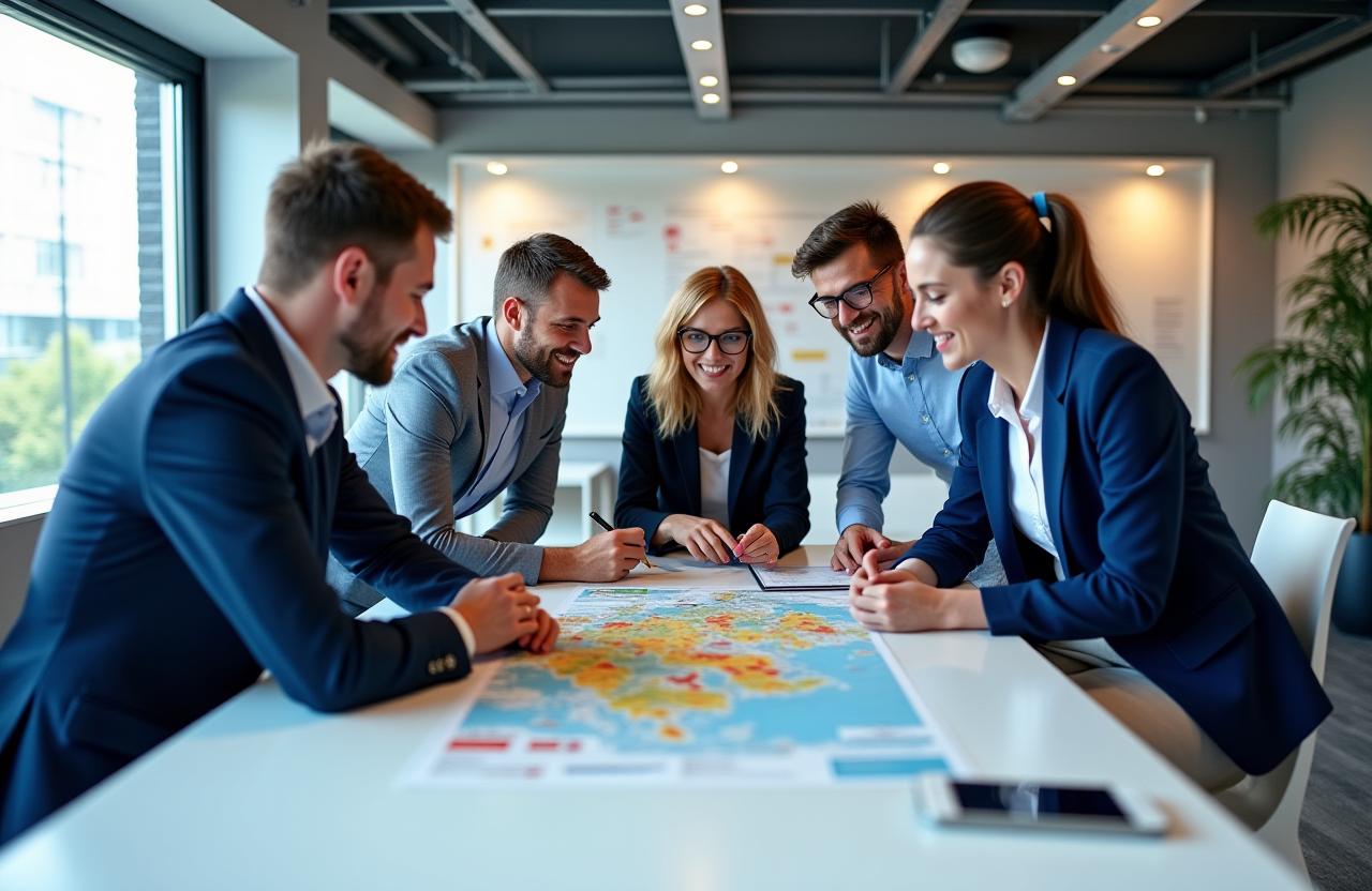 Ein Team von Experten in einem modernen Büro bespricht eine Karte der Schweiz